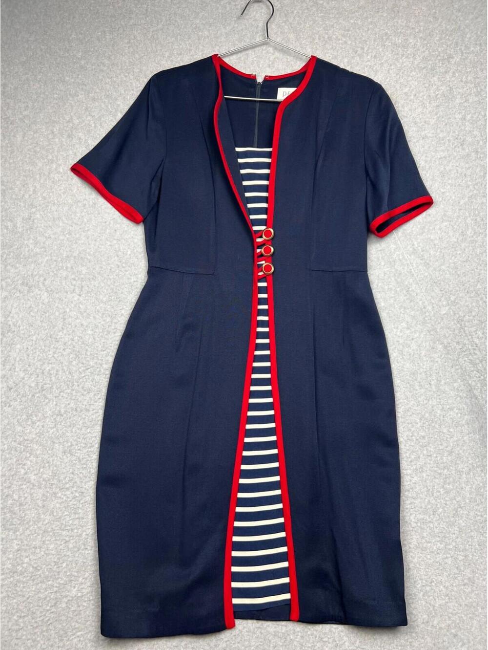 Vintage Pinup Navy Nautical Stripe Sophisticate Sheath Dress Womens Petites 10P